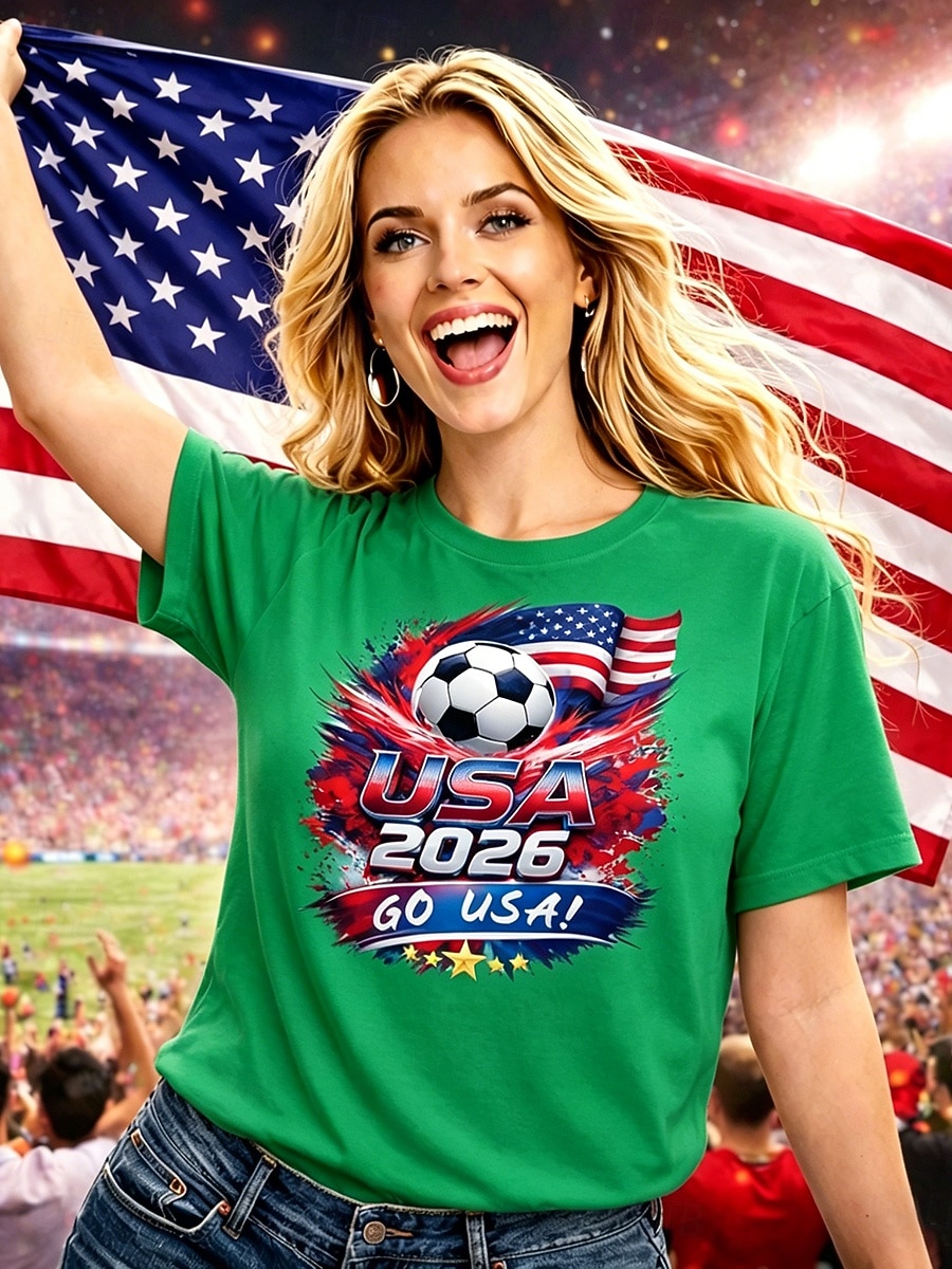 Damen-Fußball-T-Shirt mit Grafikprint, stylisch, klassisch, lässig, Kurzarm, Rundhalsausschnitt, normale Passform, Oberteil für Freizeit, Sport, blau, schwarz, weiß, rot, grün, Sommer, Frühling 2026 - $21.99 –P4