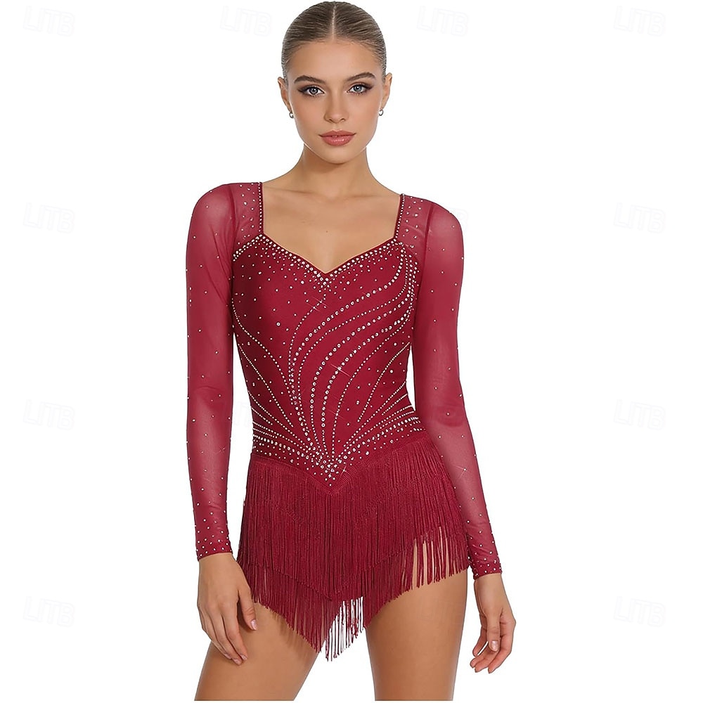 Women's Burgundy Latin Dance Dress - Rhinestone Mesh Long Sleeve Rhythmic Tassel Costume for Ballroom & Competition 2026 - $305.39 –P1