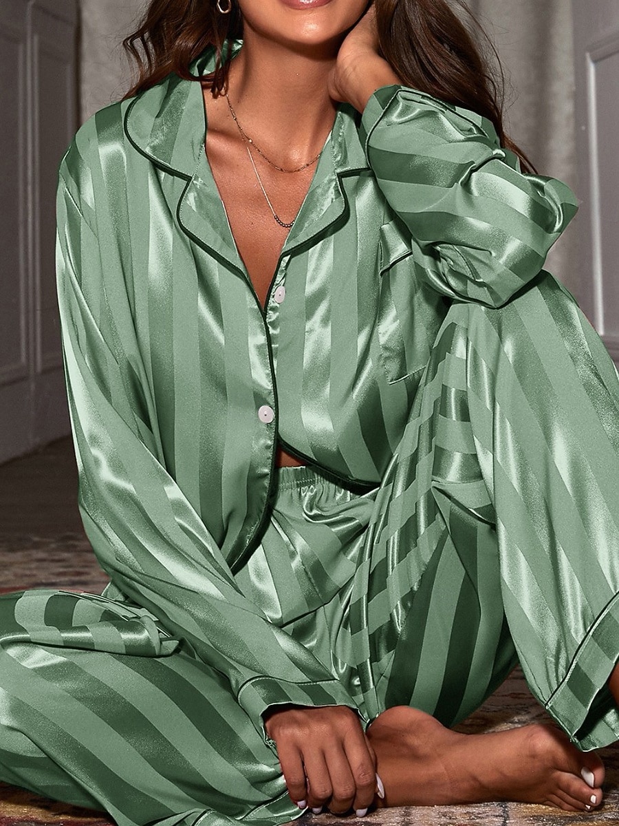 Women's Loungewear Pajama Set Fashion Simple Casual Pure Color Satin Silky Pajamas Pyjamas Elastic Waist Buttons Pant Home Vacation Long Sleeve Shirt Collar Black White Red Green Spring Fall Regular 2026 - $27.99 –P6