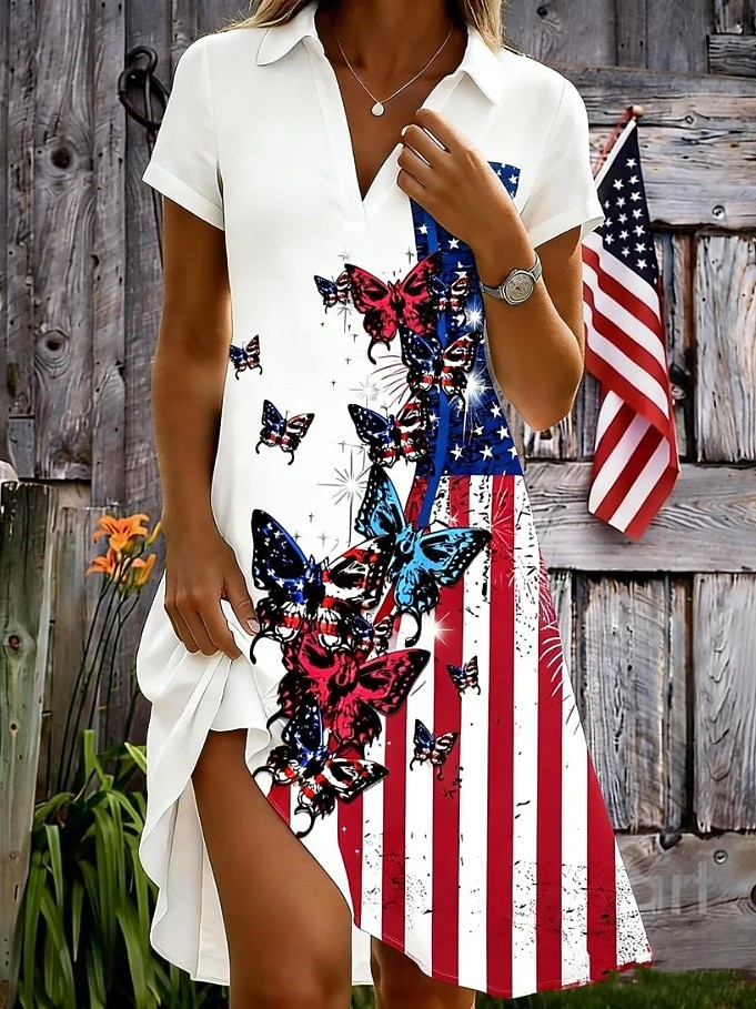 Jour de l'Indépendance Américaine Femmes Mini Robe Robe trapèze Vacances Occasionnel Plage Coupe régulière Graphique Drapeau Manche Courte Col en V Noir Blanche Été Printemps de 2026 ? $29.99 –P1