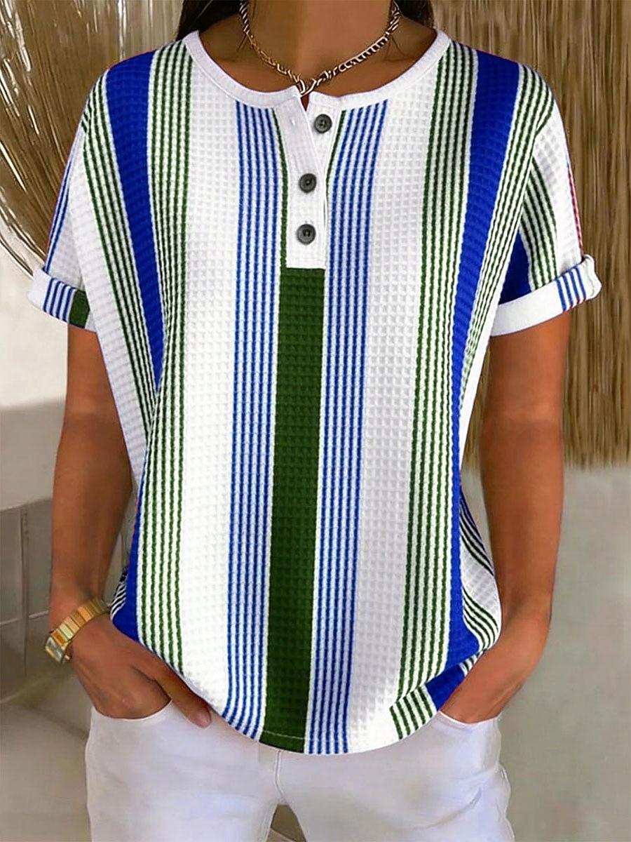 Per donna Top a maglia con texture Maglietta Blocco di colore Grafico Geometria Elegante Classico Manica Corta Girocollo Henley Top lunghi Quotidiano Sportivo Blu Rosso Viola Verde Estate Primavera del 2026 a $21.99 –P3