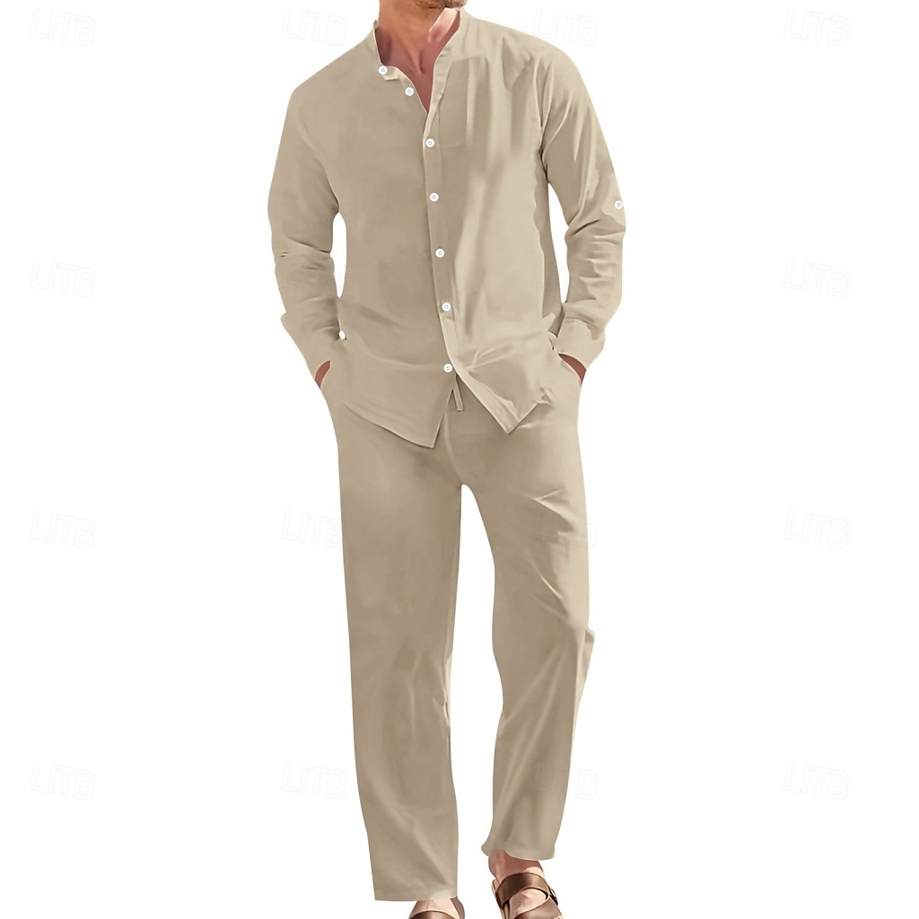 Homme Chemise en lin Deux pièces Ensemble Chemise Et Pantalons en Lin Pantalons Pantalon décontracté Set Uni Quotidien Extérieur Vacances Col grand-père manche longue Été Printemps Mode Occasionnel de 2026 ? $41.99 –P12