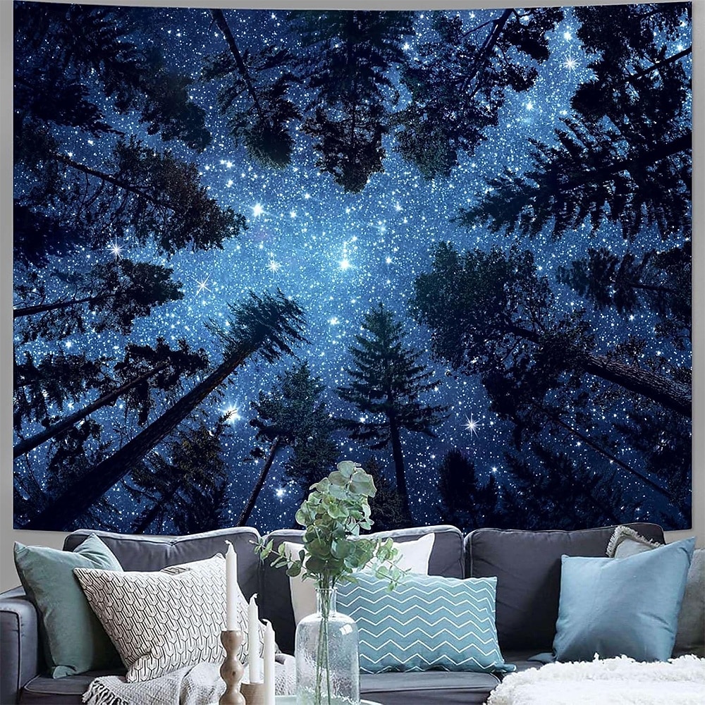 Night Forest Full Moon Starry Sky Galaxy Wall Tapestry Tree Silhouettes ...