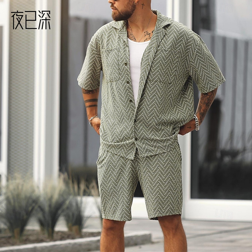 Herr Skjorta Skjorta set Casual skjorta Strandskjorta Knapp upp skjorta Grön Kortärmad Linjer / vågor Kavajslag Ledigt Dagligen Jacquard Kläder Mode Ledigt Bekväm 2026 - $44.99 –P2