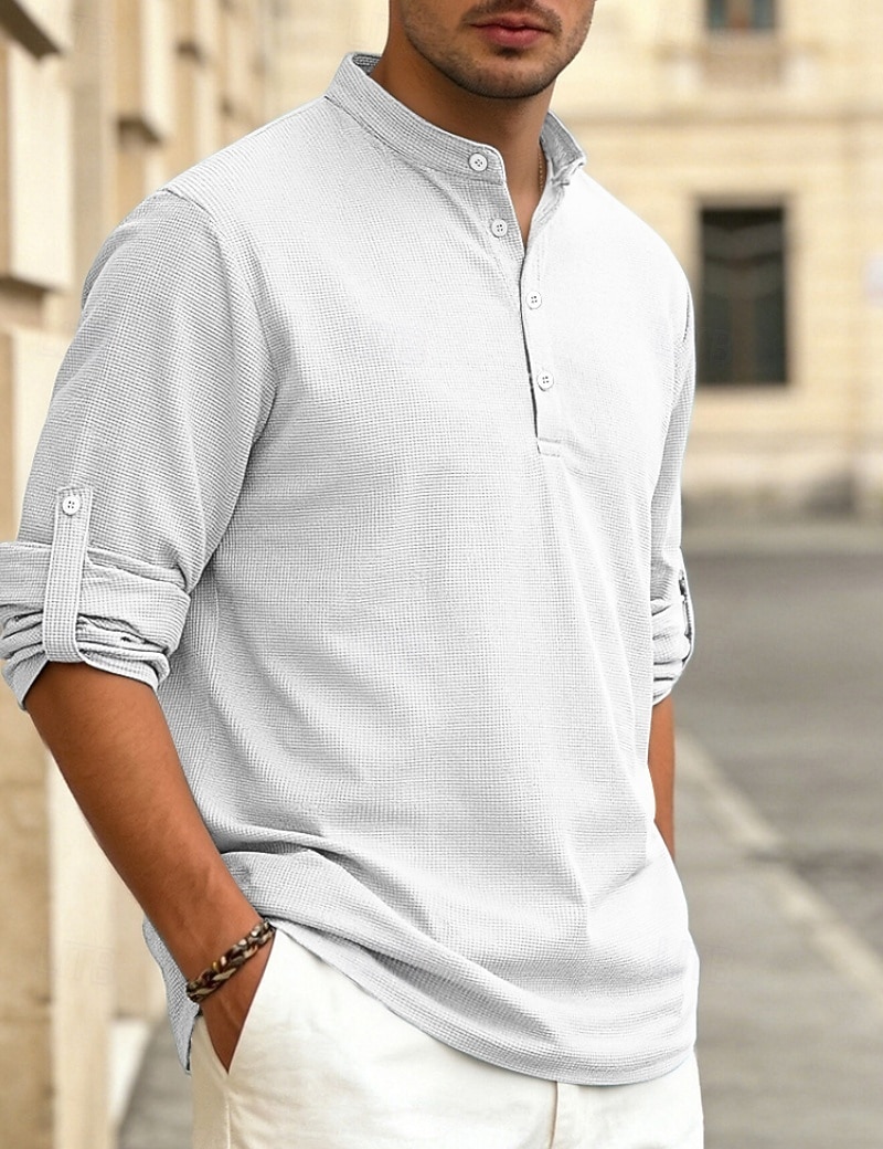 Herren T Shirt Waffel-Henley-Hemd Henley Hemd Langarmshirt Langarm Henley Sommer Frühling Einfach Mode Streetwear Freizeit Knöpfe Lässig Täglich Urlaub Blau Schwarz Weiß Top T-Shirt für Herren 2026 - $24.99 –P15