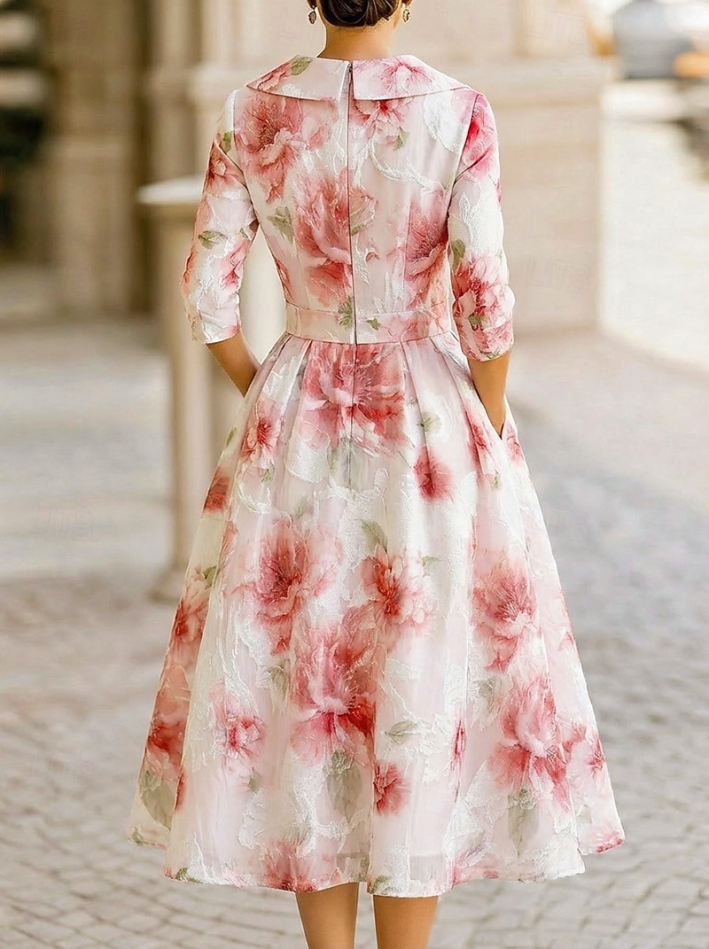 A-Line Tea Length Party Dress Cocktail Dress Wedding Guest Dress Mother of the Bride Dress 3/4 Length Sleeve V Neck Shirt Collar Elegant Vintage Formal Organza Jacquard with Floral Print 2026 - $174.99 –P3