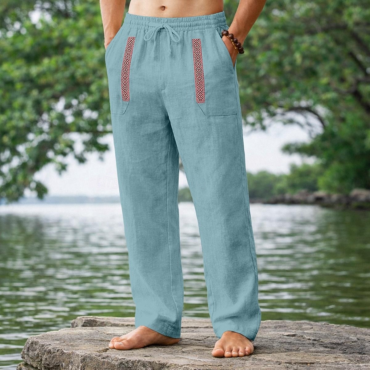 Homens Calças de linho Calça verão Calças de praia Com Cordão Patchwork Perna reta Tecido Conforto Respirável Comprimento total Casual Diário Feriado Férias Moda Preto Branco Sem Elasticidade de 2026 por $24.99 –P5
