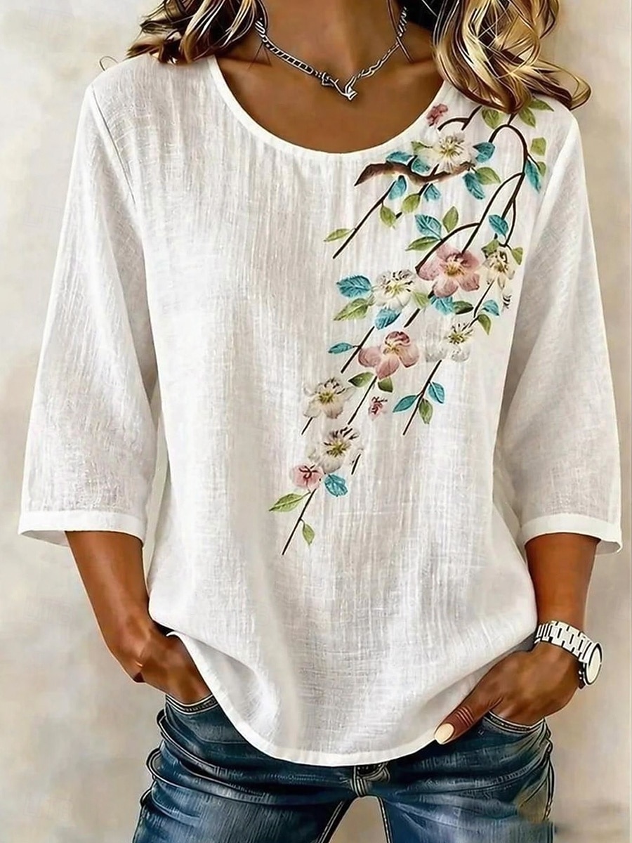 Women's Blouse Print Floral Graphic Plants Bohemia Tropical Stylish 3/4 Length Sleeve Half Sleeve Crew Neck Regular Tops Daily Vacation Wear Blue White Green Summer Spring 2026 - $29.99 –P1