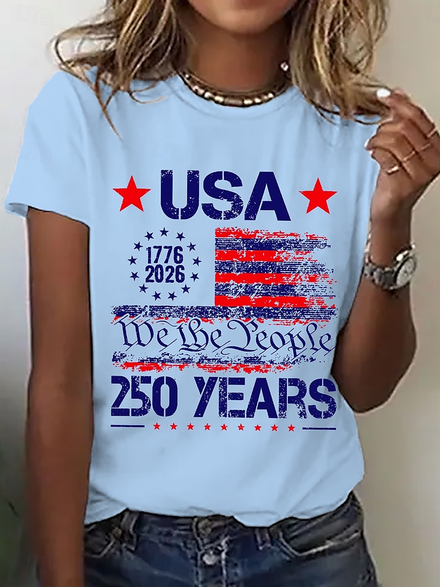 День независимости США Жен. Футболка С принтом Графика Американский флаг Мода Стиль Классика С короткими рукавами Вырез под горло Обычные топы Повседневные Синий Белый Розовый Лето Весна 2026 - $21.99 –P2