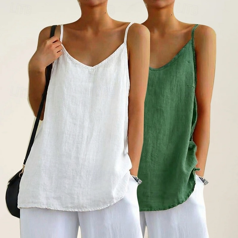multi pack 2pcs camicie da donna in cotone e lino camicetta senza maniche camicia patchwork bottoni semplice quotidiano elegante basic senza maniche scollo a V top regolari quotidiano vacanza uscire del 2026 a $21.99 –P7