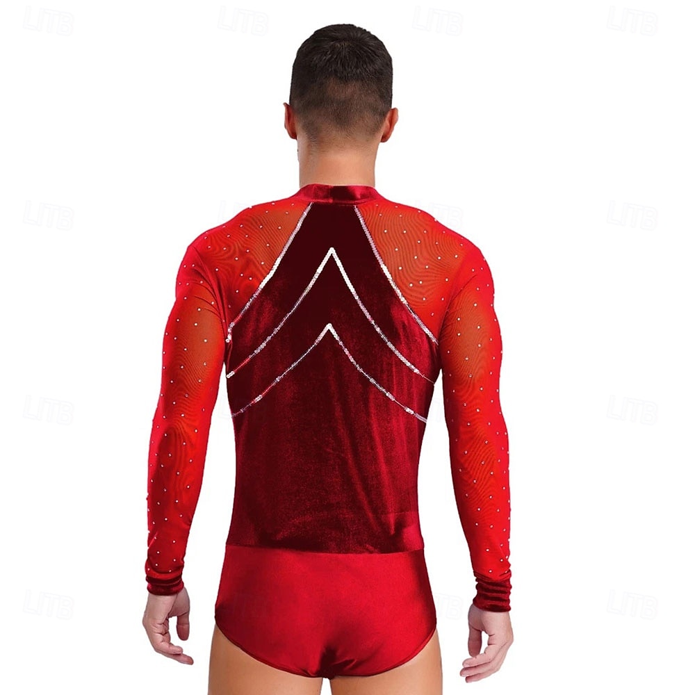 Men's Red Rhinestone Latin Dance Bodysuit Deep V Mesh Long Sleeve Ballroom Performance Costume 2026 - $242.49 –P6