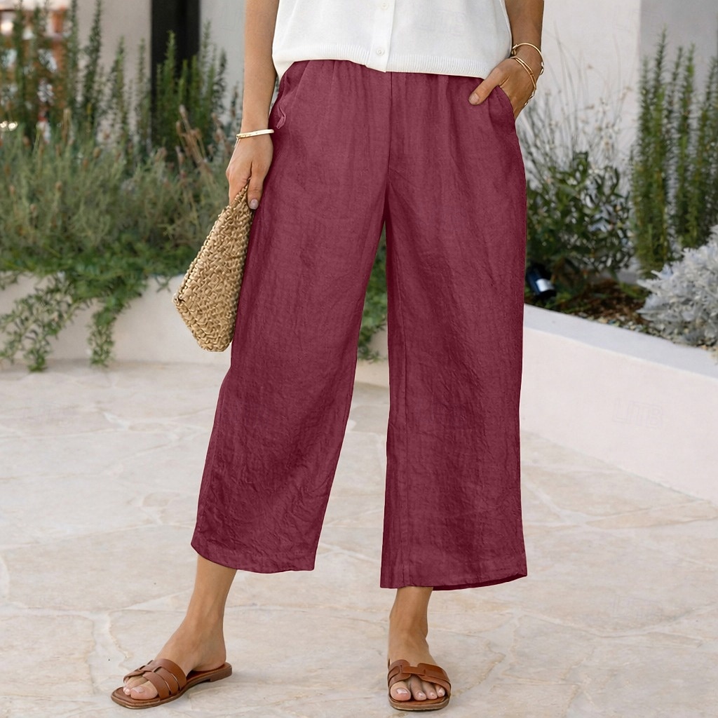 Women's Linen-feel Pants Capri Pants Trousers Summer Shorts Vacation Fashion Basic Full Length High Waist Solid Color Plain Pocket Wide Leg Elastic Waistband Comfort Soft Breathable Inelastic 2026 - $19.99 –P9