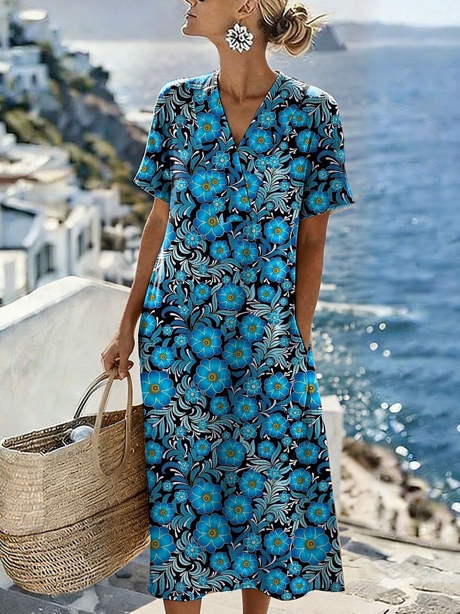 Pentru femei Rochii Midi Rochie de schimb Rochie de Vară Vacanță Casual Stiluri de Plajă Potrivire Largă Floral Grafic Manșon scurt În V Albastru piscină Roz Îmbujorat Roșu-aprins Mov Vară Primăvară 2026 - $39.99 –P3