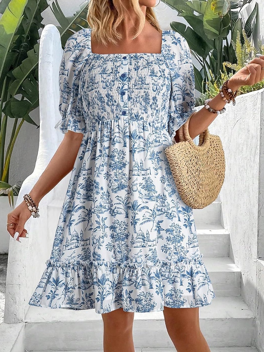 Mujer Vestido hasta la Rodilla Vestido informal Vestido de flores Vestido Estampado Elegante Moda Moderno Manga Farol Exterior Vacaciones Noche Holgado Floral Manga Corta Escote Cuadrado Azul Piscina 2026 - $45.99 –P1