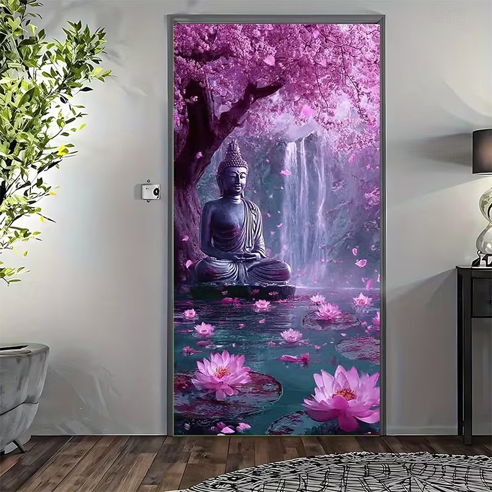 zen buddhizmus imádkozó buddha szobor aranyfüst művészet ajtóbanner meditáló buddha fej szürke kő textúra ajtótakaró jóga stúdió meditációs szoba lakberendezés 2026 - $17.99 –P4