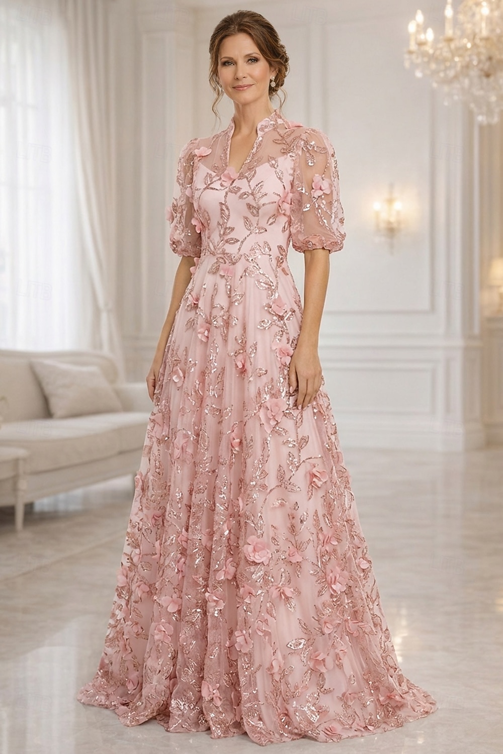 floor length half sleeve v neck maxi dress A-Line Chiffon Mother of the Bride/Groom Dress Half Sleeve V-Neck Pleated Maxi Evening Gown