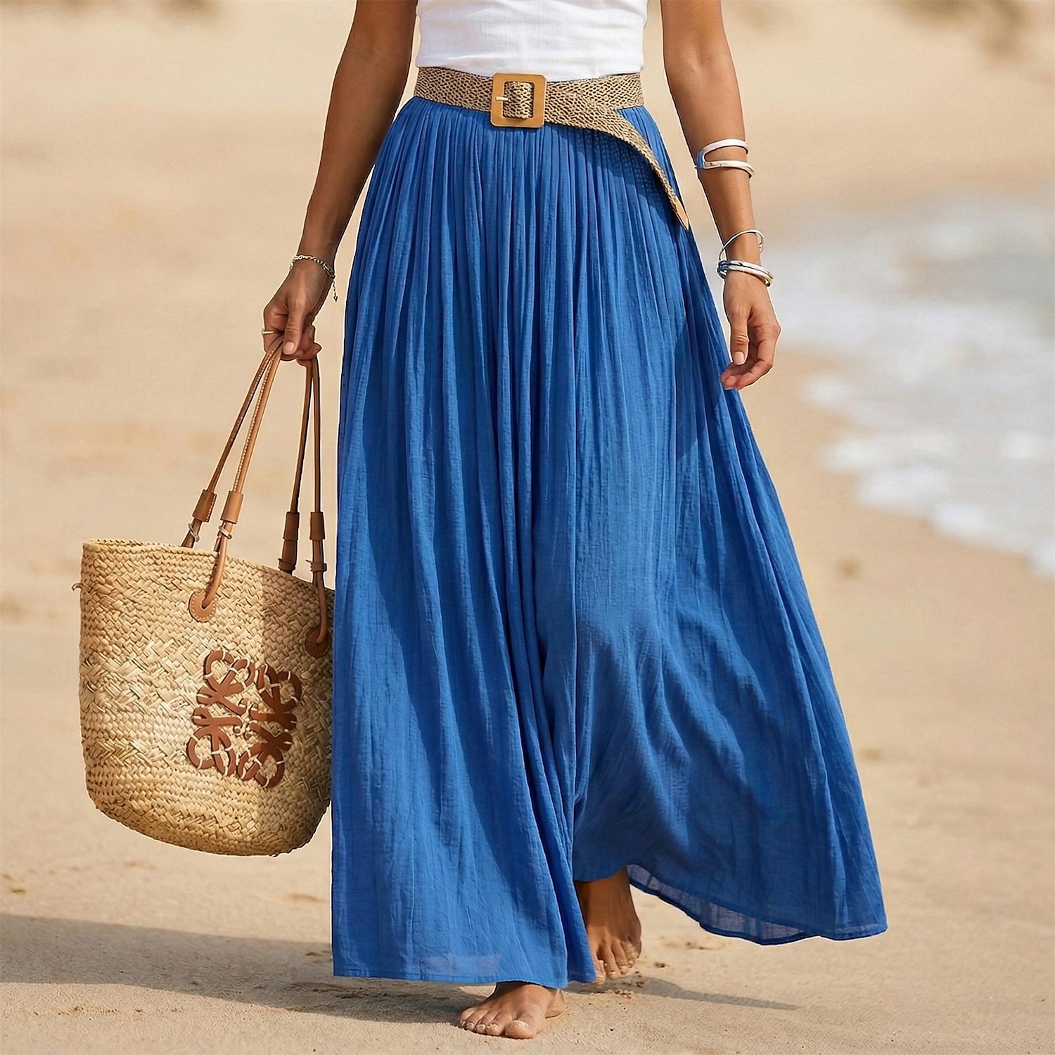 Pentru femei Fustă de vacanță Fustă din bumbac artificial și in Modă Casual Lung vară Maxi Talie Înaltă Fuste Simplu Zdrobit Fluid Strech Zilnic Plajă Albastru piscină Măr Verde Maroniu Galben Lămâie 2026 - $28.99 –P2