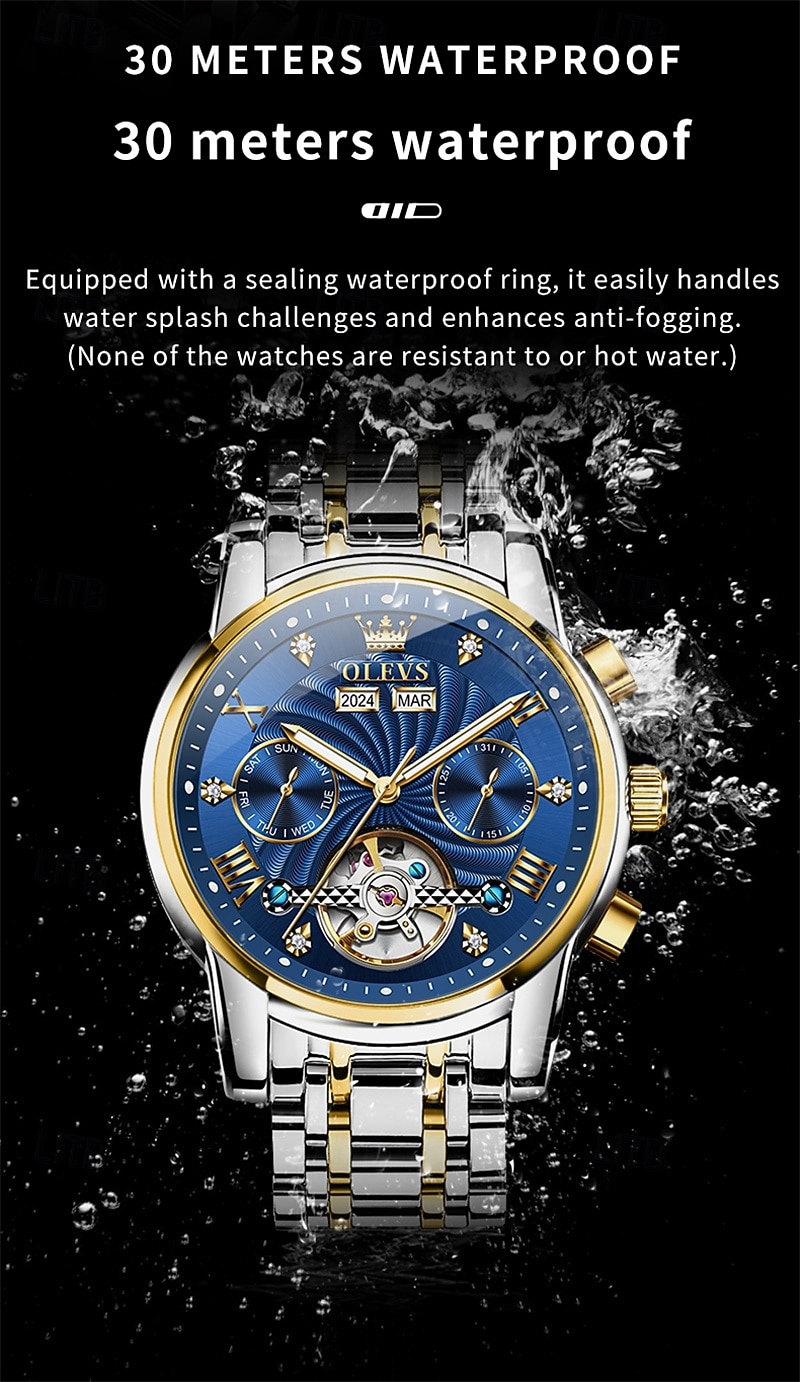 Orologio automatico da uomo Olevs Skeleton, lussuoso orologio da polso da lavoro bicolore in acciaio inossidabile con calendario multifunzione, orologio meccanico analogico luminescente impermeabile, del 2026 a $109.99 –P16