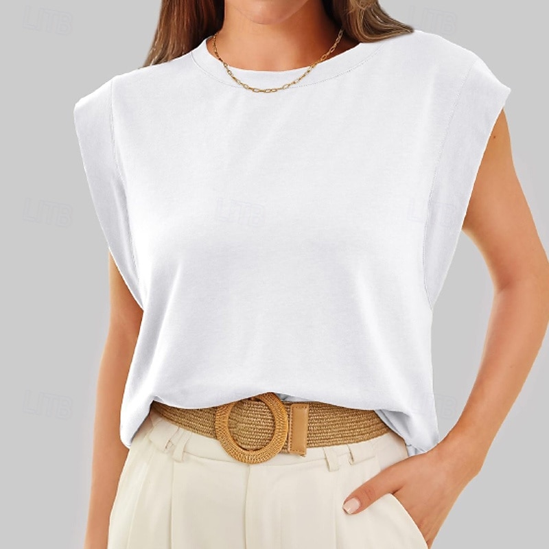 Mulheres Camiseta Côr Sólida Clássico Casual Sem Manga Gola Redonda Tops regulares Diário Para Noite Final de semana Preto Branco Vinho Verde Escuro Damasco Verão Primavera de 2026 por $22.99 –P19