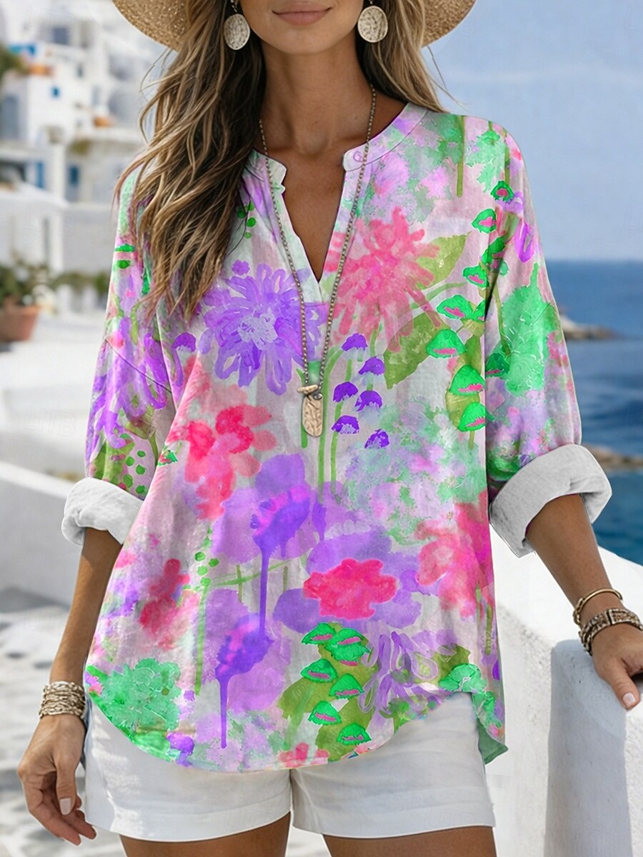 Dames Blouse Afdrukken Bloemig Grafisch Vintage Dagelijks Stijlvol Lange mouw V-hals Normale tops Casual Dagelijks Feestdagen blauw Geel Blozend Roze Paars Zomer Lente 2026 - $28.99 –P4