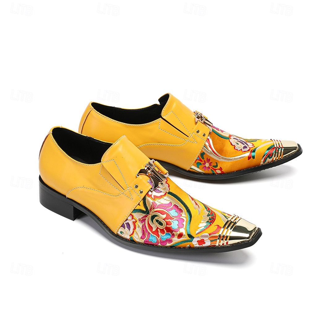 Chaussures habillées pour homme, à boucle, à bout pointu et embout métallique, ornées d'un imprimé floral jaune. Idéales pour les mariages, les banquets, les fêtes, les bals de fin d'année, les événements de mode et les soirées élégantes. de 2026 ? $109.99 –P4