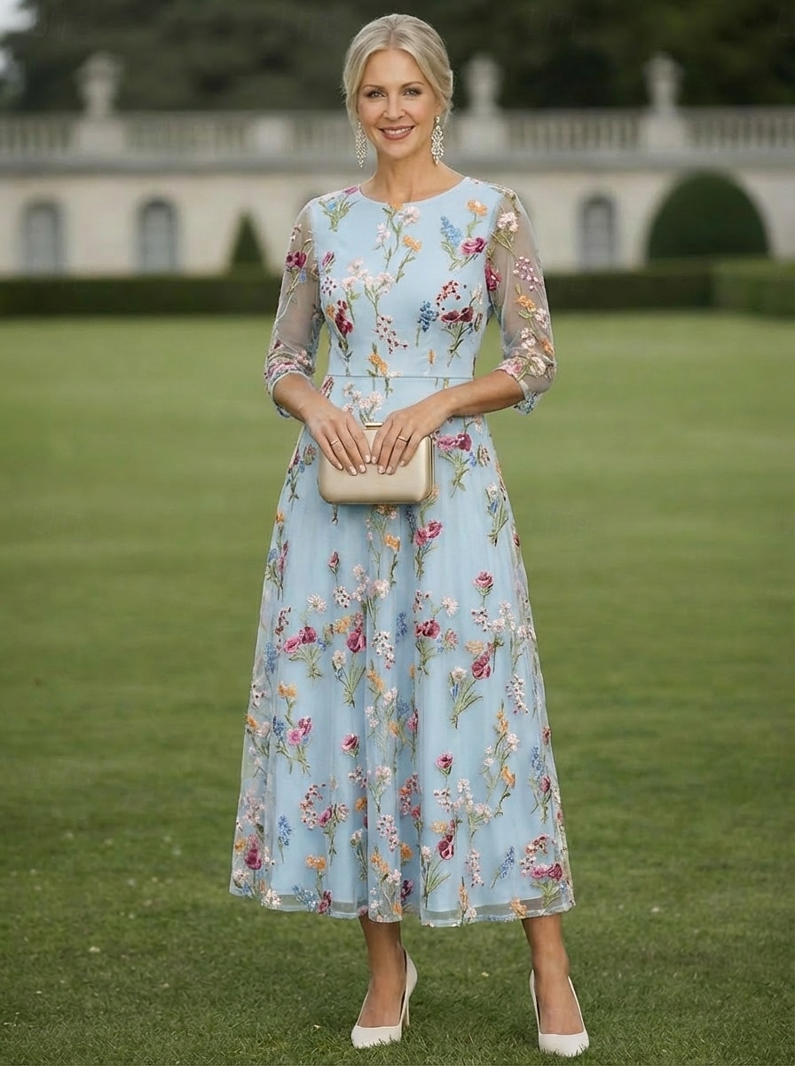 Linea ad A Abito Lunghezza Tè Abito da Cocktail Abito da invitata a nozze Abito da cerimonia per signora Manica 3/4 Girocollo Elegante Casual Formale Ospite di nozze Derby del Kentucky Chiffon Tulle del 2026 a $159.99 –P1