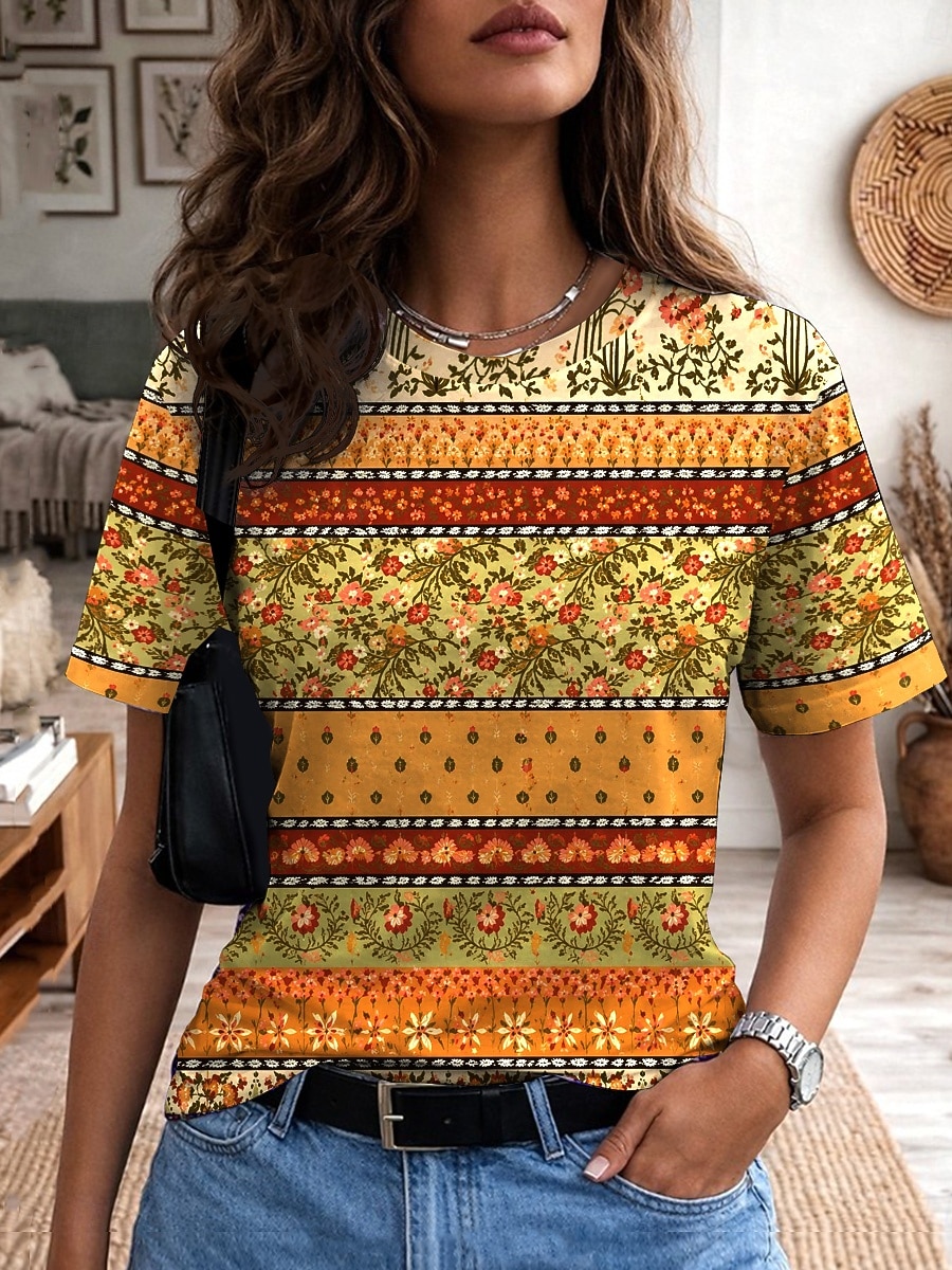 Pentru femei Tricou Imprimeu Grafic Abstract Epocă Stilat Clasic Manșon scurt Stil Nautic În V Topuri obișnuite Casual Zilnic Sfârșit de săptămână Albastru piscină Negru Galben Mov Maro Vară Primăvară 2026 - $21.99 –P8