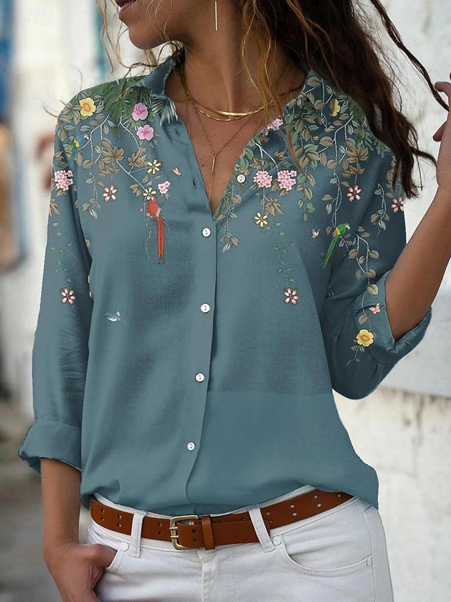 Women's Shirt Blouse Patchwork Buttons Floral Graphic Elegant Vacation Stylish Long Sleeve Shirt Collar Regular Tops Daily Holiday Going out Blue Pink Green Summer Spring 2026 - $29.99 –P3