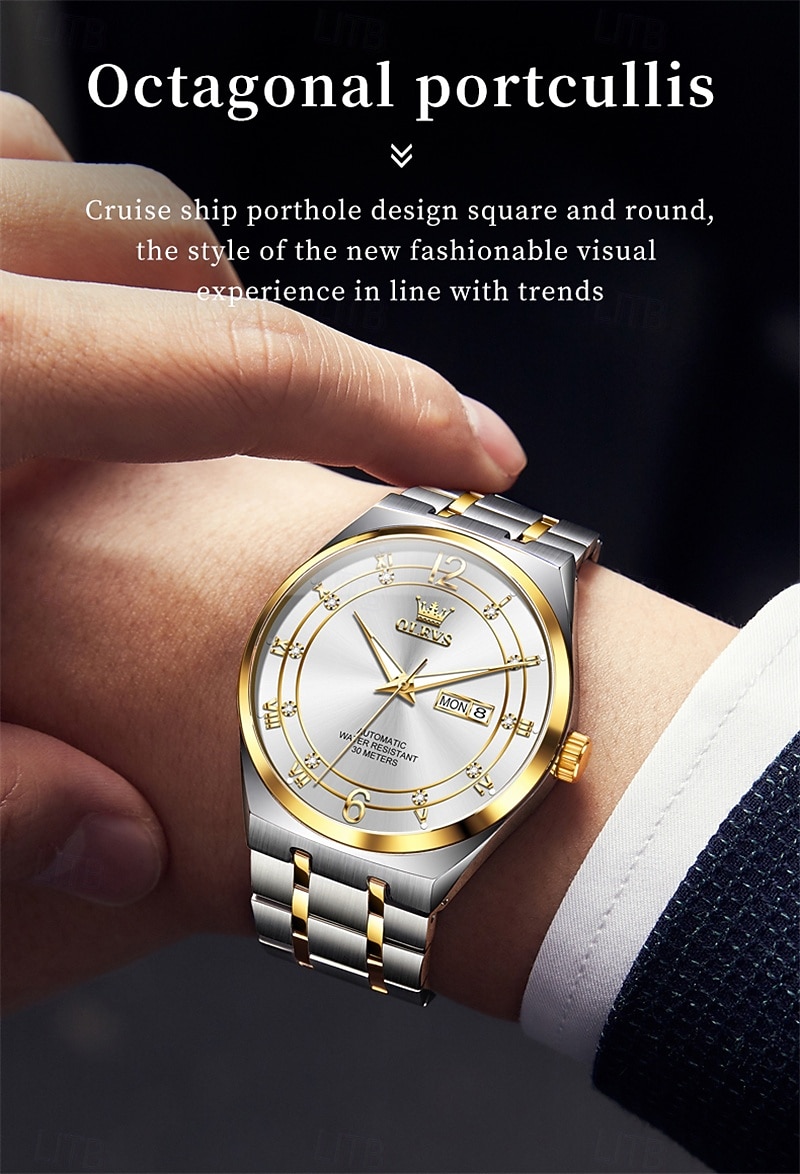 Men's Automatic Watch - Luxury Two-Tone Gold Stainless Steel Business Self Winding Wristwatch with Day Date, Waterproof Luminous Analog Dress Watch, Elegant Present for Husband Dad Son 2026 - $98.99 –P7