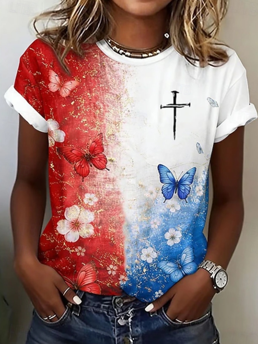 American Independence Day Women's T Shirt Color Block Print Graphic American Flag Fashion Stylish Classic Short Sleeve Crew Neck Regular Tops Casual Daily Blue White Red Summer Spring 2026 - $21.99 –P2