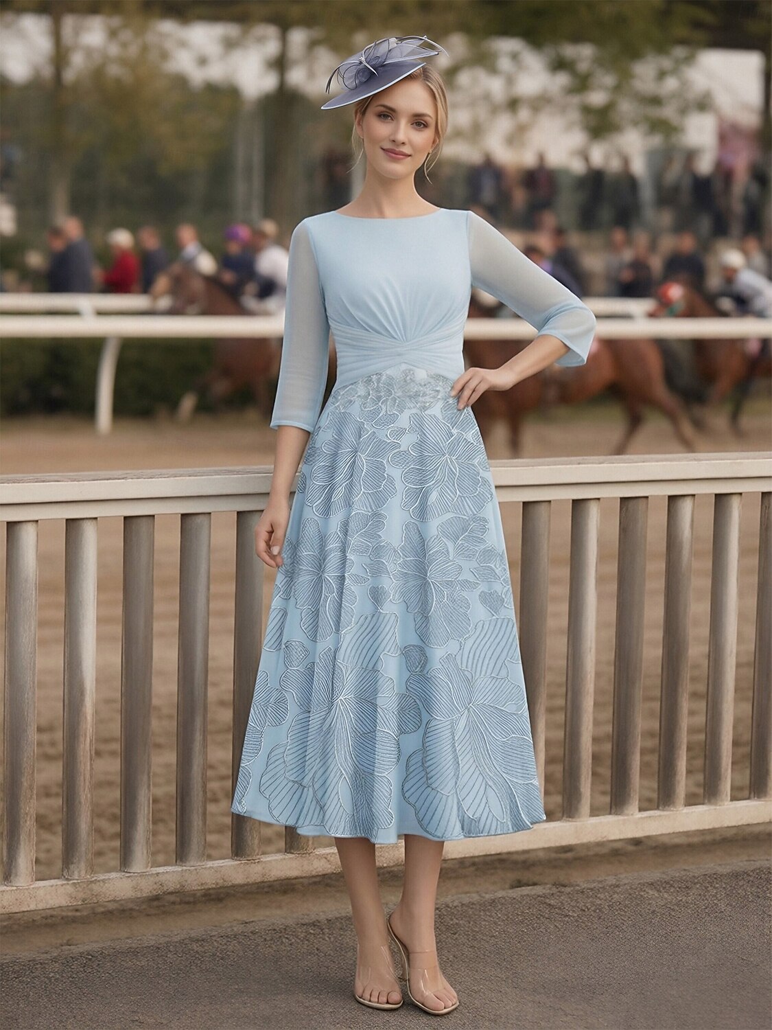 A-Line Dress Tea Length Wedding Guest Dress Mother of the Bride Dress 3/4 Length Sleeve Boat Neck Elegant Vintage Formal Wedding Guest Kentucky Derby Chiffon with Ruched Sequin Appliques 2026 - $171.99 –P1