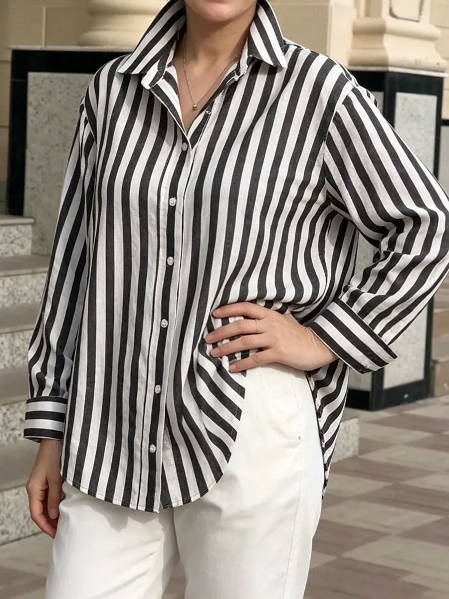 Per donna Camicia Blusa Bottoni Grafico A righe Vintage Elegante Classico Manica Lunga Colletto a Camicia Top Regolari Casuale Quotidiano Ferie Blu Nero Giallo Estate Primavera del 2026 a $35.99 –P3