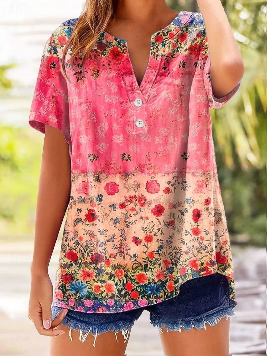 Damen T Shirt Blumen Grafik Pflanzen Stilvoll Klassisch Kurzarm V Ausschnitt Normale Oberteile Lässig Täglich Blau Rosa Purpur Sommer Frühling 2026 - $27.99 –P1