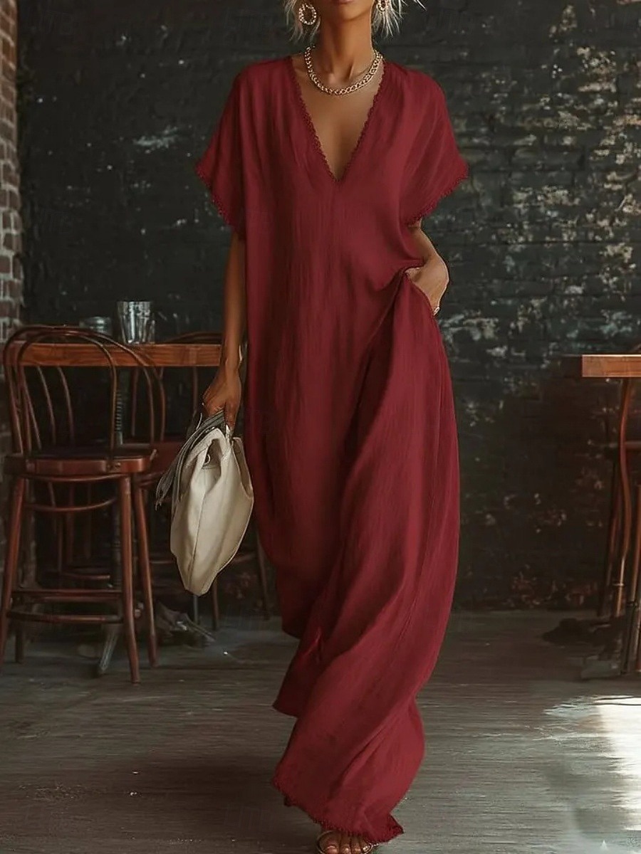 Per donna Abito maxi Abiti effetto lino Abito a trapezio Casual Quotidiano Vestibilità comoda Semplice Manica Corta Scollo a V Blu Nero Bianco Giallo Estate Primavera del 2026 a $37.99 –P4
