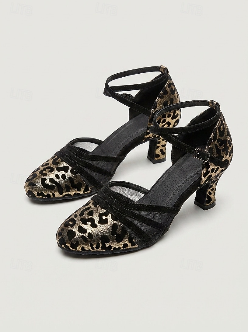Scarpe da ballo da sala da donna con stampa leopardata – tacco standard a punta tonda con cinturino alla caviglia, per allenamento professionale & prestazione del 2026 a $42.99 –P5