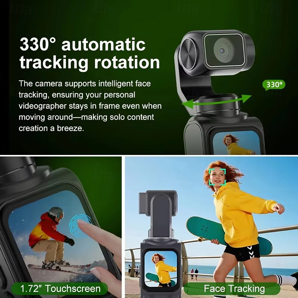 Cámara de bolsillo con estabilizador 4K Ultra HD y seguimiento automático de 330°. &Seguimiento facial, cámara de acción portátil con pantalla táctil de 1,72", cámara inalámbrica wifi para vlogs de 2026 - $149.99 –P3