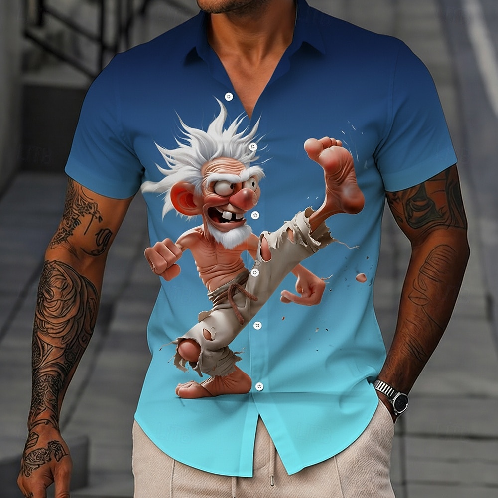 Men's Funny Cartoon Character Old Man Shirt Summer Shirt Button Up Shirt Short Sleeve Vintage Retro Daily Outdoor Vacation Summer Spring Turndown 3D Print Collared Shirts Blue Black Brown Khaki Gray 2026 - $25.99 –P4