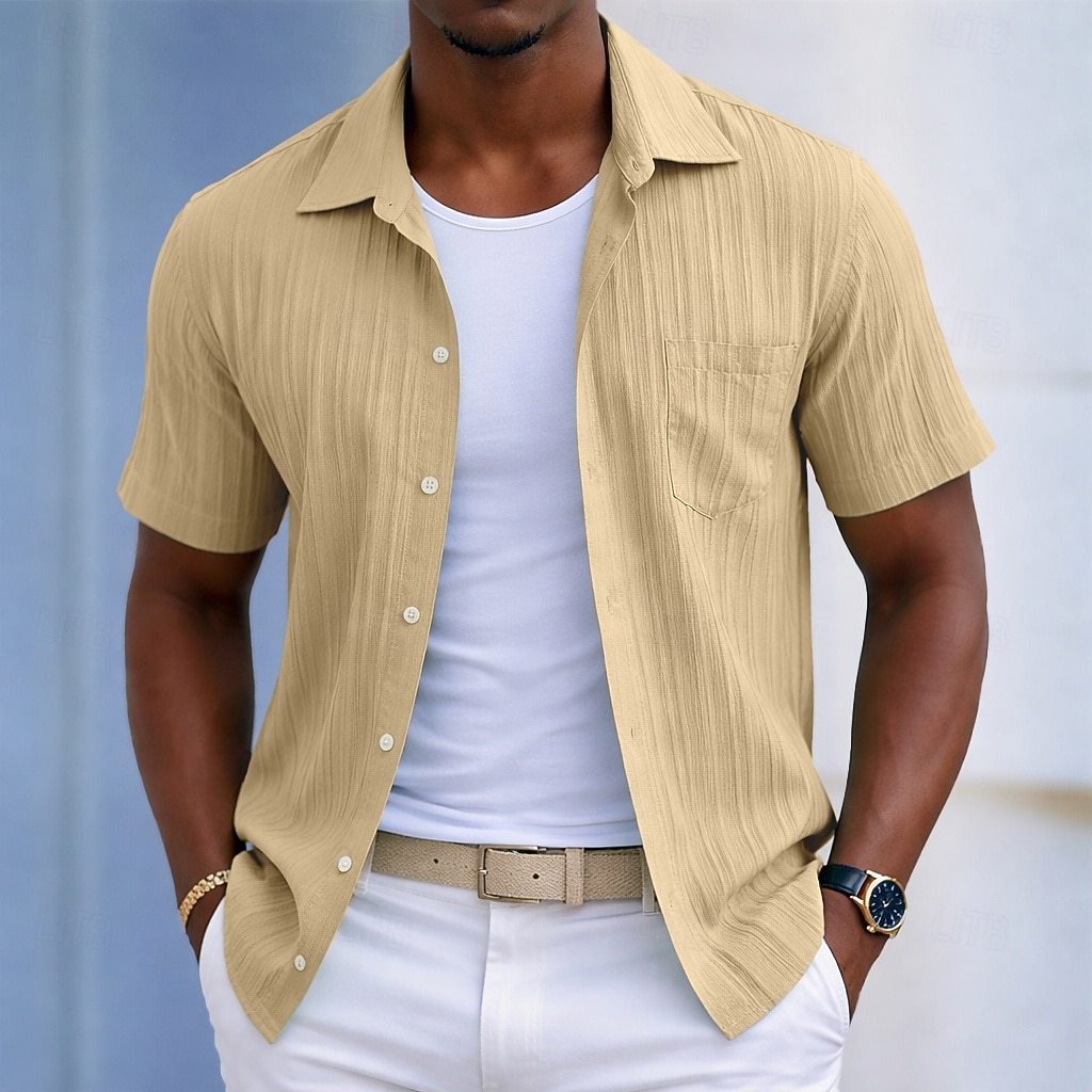 Men's Shirt Casual Shirt Beach Shirt Button Up Shirt Jacquard Shirt Black White Light Green Wine Blue Short Sleeve Solid Color Plain Lines / Waves Lapel Casual Streetwear Pocket Clothing Apparel 2026 - $20.99 –P9