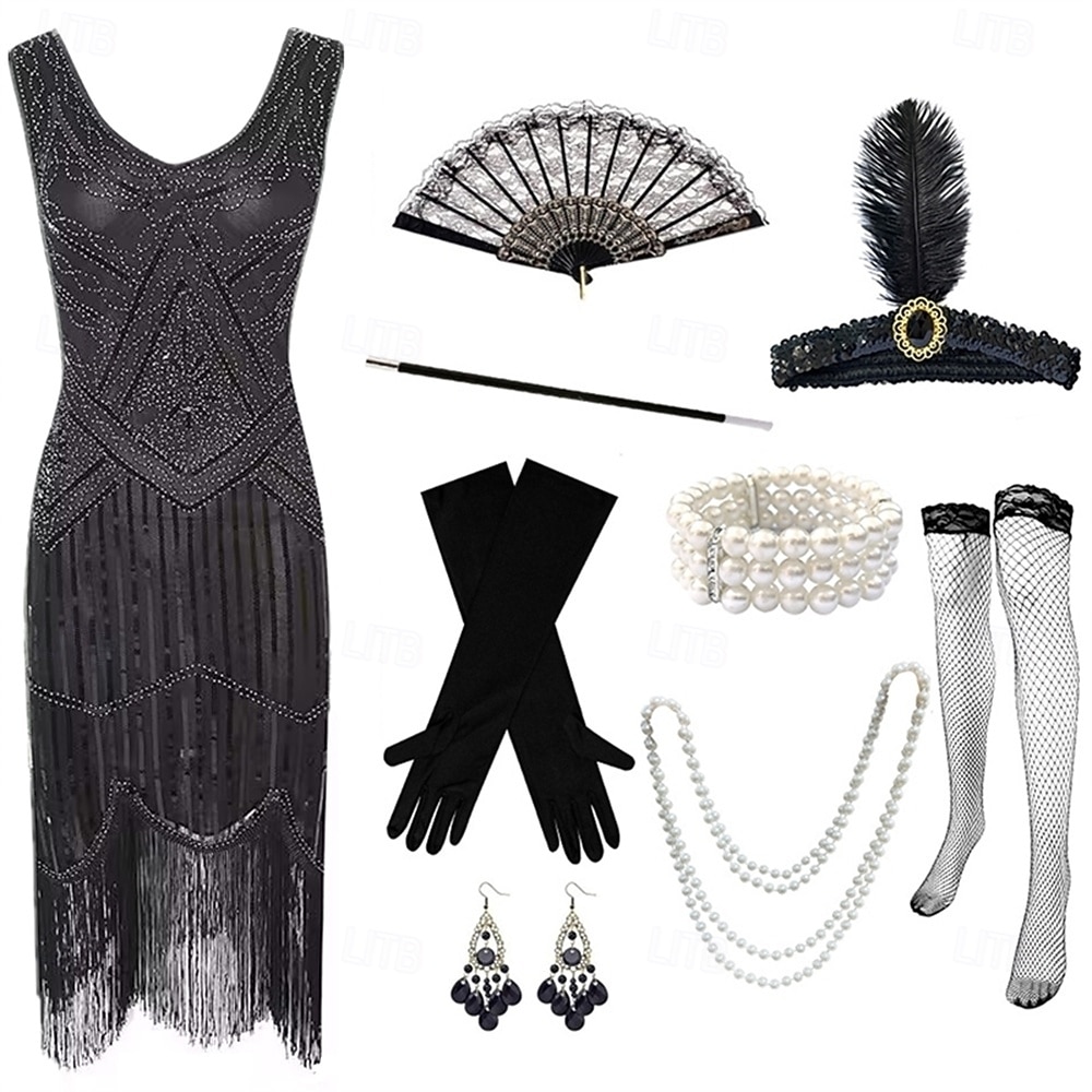Zabytkowe Ryczące 20s 1920 roku Do kolan Sukienka w stylu lat 20-tych Rękawiczki Nakrycie głowy Bez rękawów Wielki Gatsby Czarleston Cekiny Frędzel Strój na bal maskowy Damskie Halloween Karnawał 2026 - $64.99 –P12