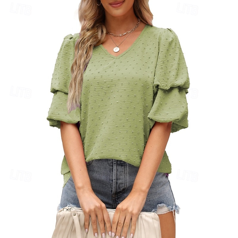 Mulheres Camisa Social Blusa Tops de chiffon Tecido à moda Básico Clássico Manga Curta Manga Princesa Decote V Tops regulares Casual Diário Feriado Azul Preto Branco Vinho Verde Escuro Verão Primavera de 2026 por $18.49 –P16
