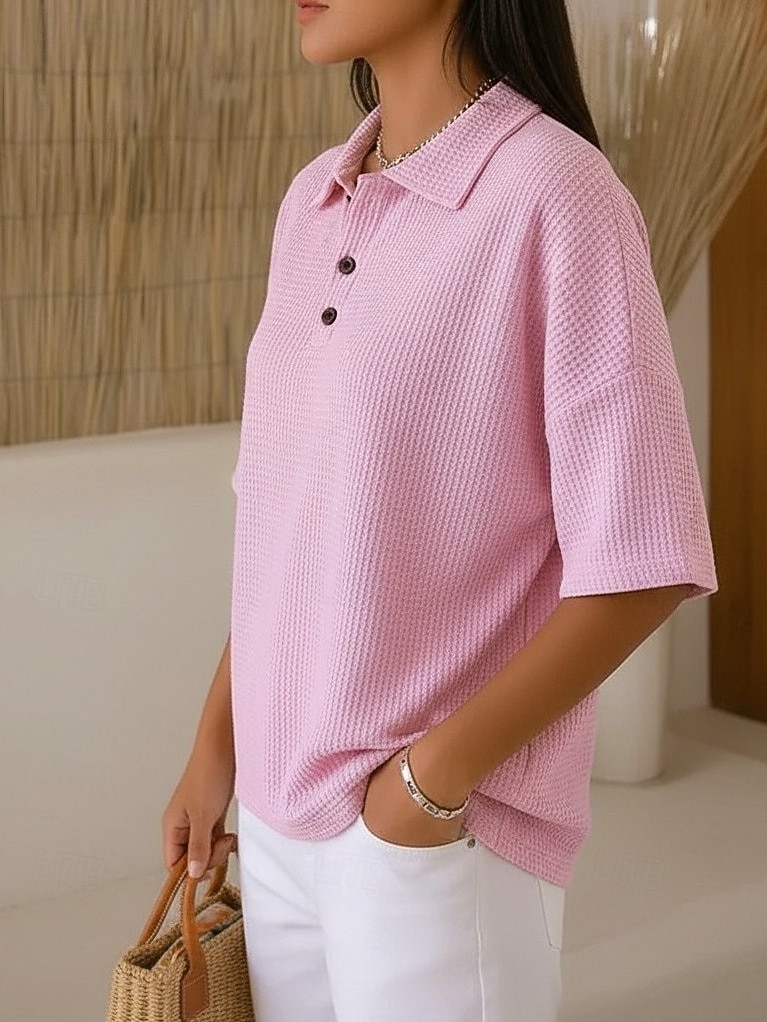 Dame Vaffelskjorte Sommertopper Knapper Helfarge Årgang Stilfull Ermeløs Polokrage Lange topper Daglig utendørs Ferie Gul Lysegrønn Rosa Sommer Vår Høst 2026 - $26.99 –P2