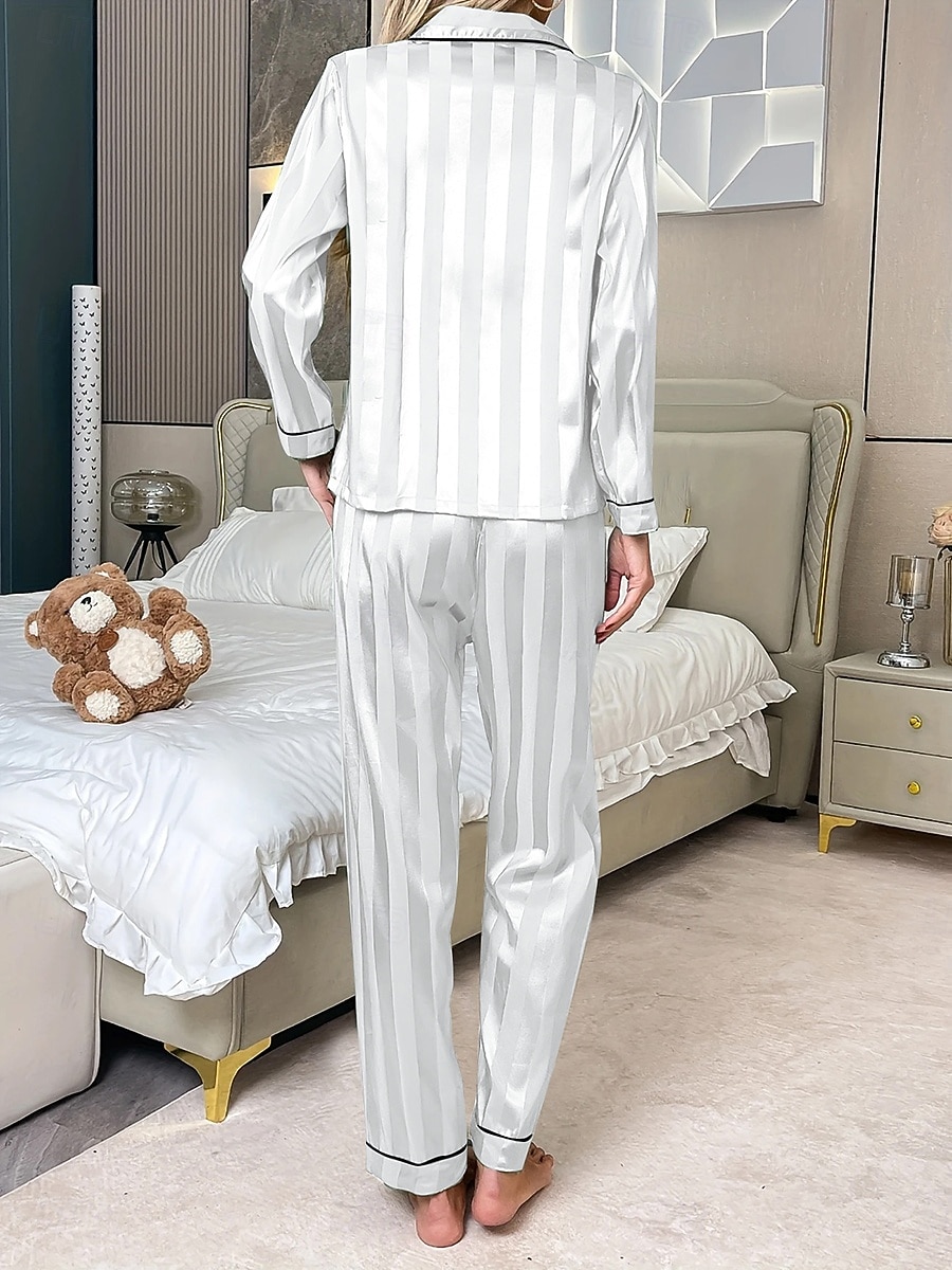Women's Loungewear Pajama Set Fashion Simple Casual Pure Color Satin Silky Pajamas Pyjamas Elastic Waist Buttons Pant Home Vacation Long Sleeve Shirt Collar Black White Red Green Spring Fall Regular 2026 - $27.99 –P2