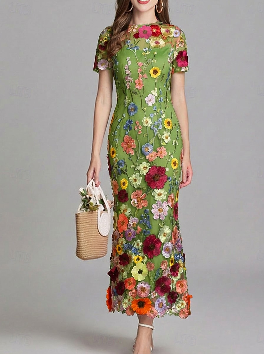 Mořská panna party šaty vintage šaty svatba svatební host Ankle délky krátký rukáv s kulatým výstřihem tyl s výšivkami šaty 2026 - $159.99 –P14