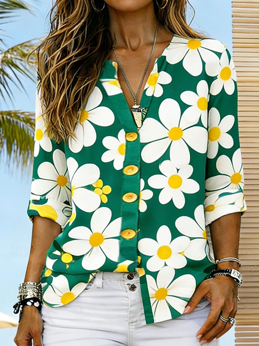 Damen Hemd Tunika Sommeroberteile Knöpfe Blumen Grafik Urlaub Vintage Täglich Langarm V Ausschnitt Normale Oberteile Täglich Ferien Ausgehen Blau Gelb Rote Grün Sommer Frühling 2026 - $33.99 –P2