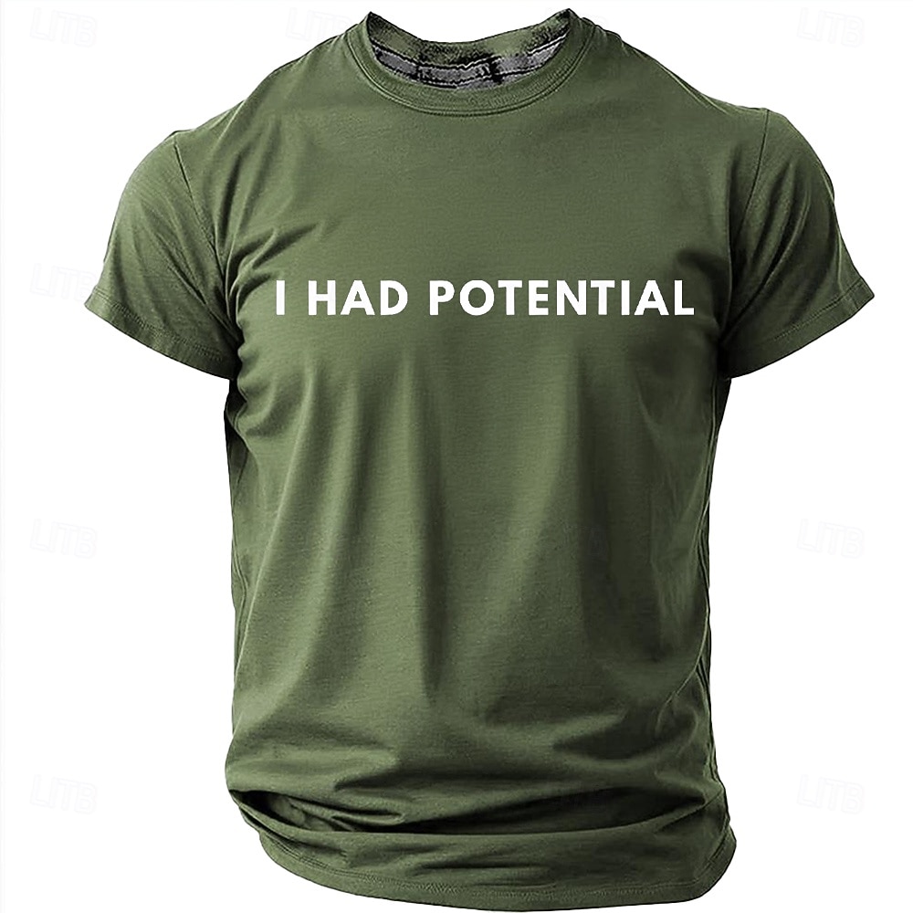 Heren T-shirt met de tekst "I had potential" (grappig, sarcastisch, minimalistisch, meme), normale pasvorm, begaafd, kind, burn-out, humor, casual, dagelijkse designerkleding, maten S, M, L, XL, XXL, 2026 - $19.99 –P8