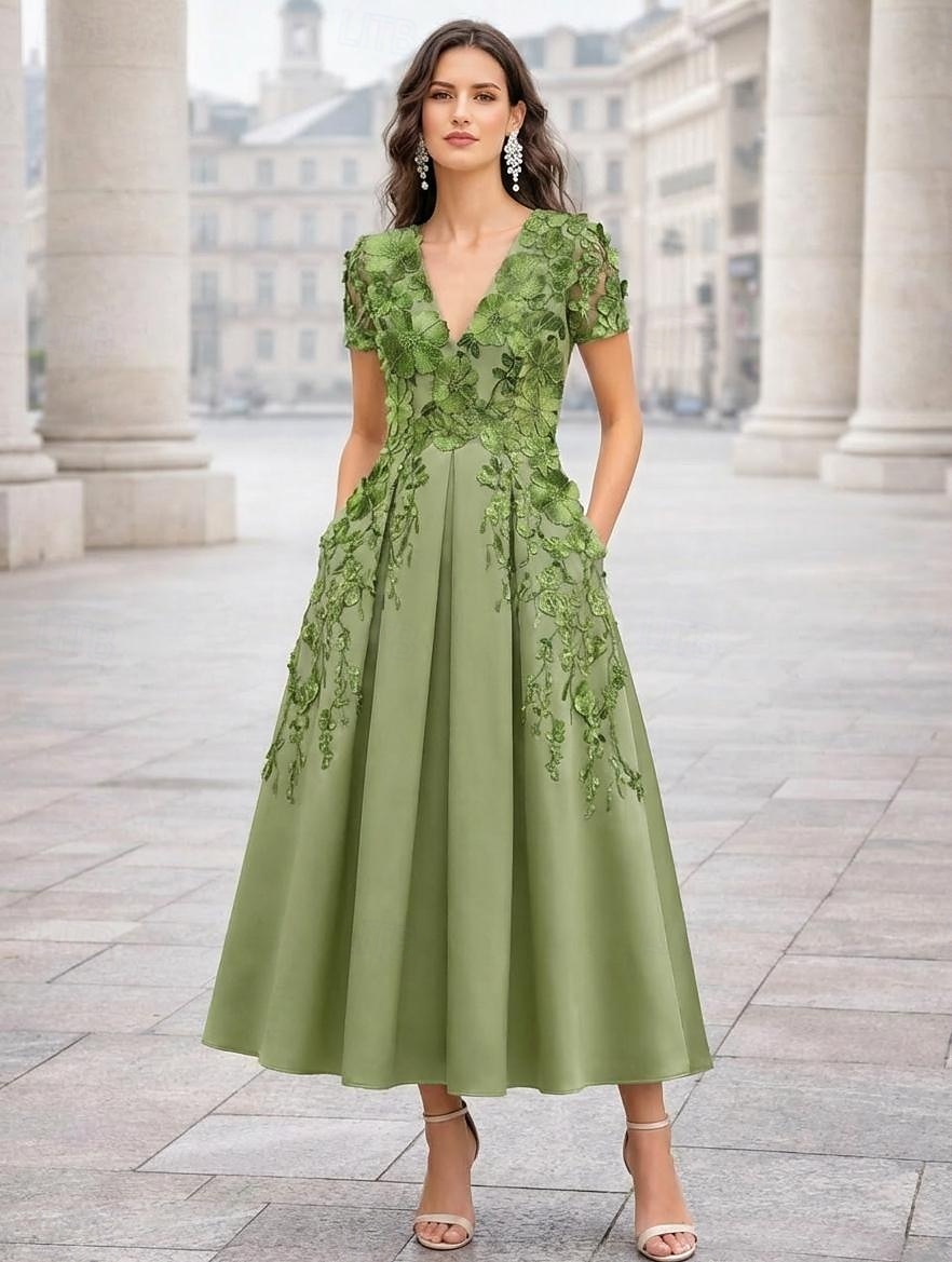 A-Line Ankle Length Tea Length Cocktail Dresses Elegant Vintage Floral Short Sleeve V Neck Garden Party Wedding Pink Dress Satin Tulle with Embroidered Flower Pleats Embroidery 2026 - $182.99 –P1