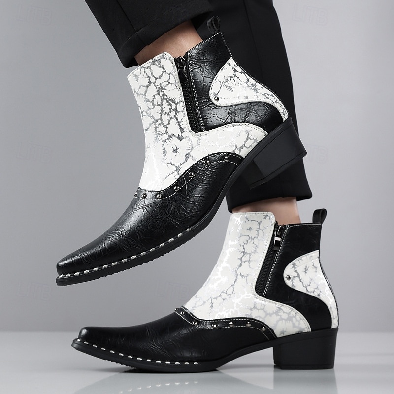 Stivaletti da uomo in stile western bianchi e neri con cerniera laterale, stivali da cowboy a punta per uomini eleganti, ideali per festival musicali, feste, spettacoli teatrali e outfit alla moda. del 2026 a $64.99 –P10