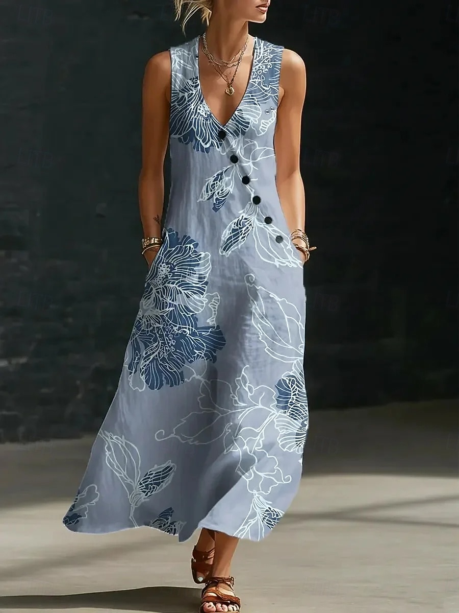 Women's Maxi Dress Boho Dress Shirt Dress Sundress Elegant Bohemia Ethnic Beach Holiday Loose Fit Floral Graphic Sleeveless V Neck Blue Green Summer Spring 2026 - $42.99 –P2