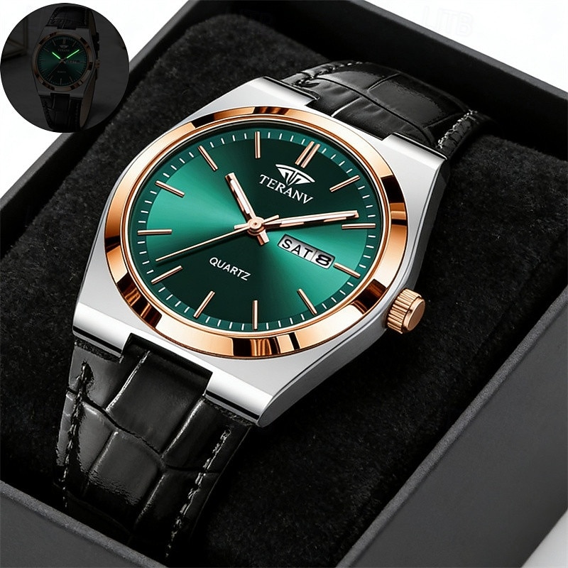Relógio masculino de quartzo para negócios - relógio de pulso social com pulseira de couro e bisel em ouro rosa, relógio analógico luminoso com dia e data, relógio minimalista à prova d'água para de 2026 por $24.99 –P1