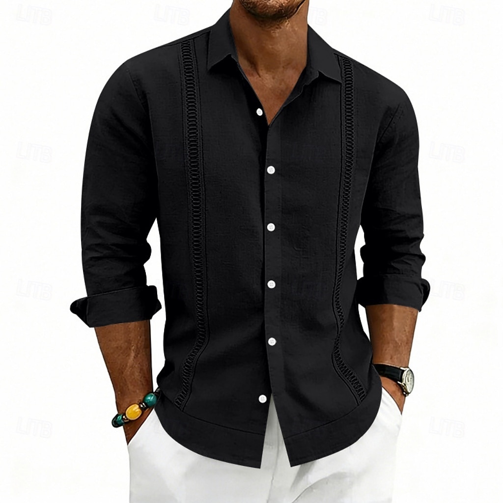Herren Hemd Leinenhemd Sommerhemd Strandhemd Einfach Lässig Urlaub Schwarz Weiß Marineblau Khaki Langarm Umlegekragen Sommer Frühling Bekleidung Patchwork 2026 - $25.99 –P10